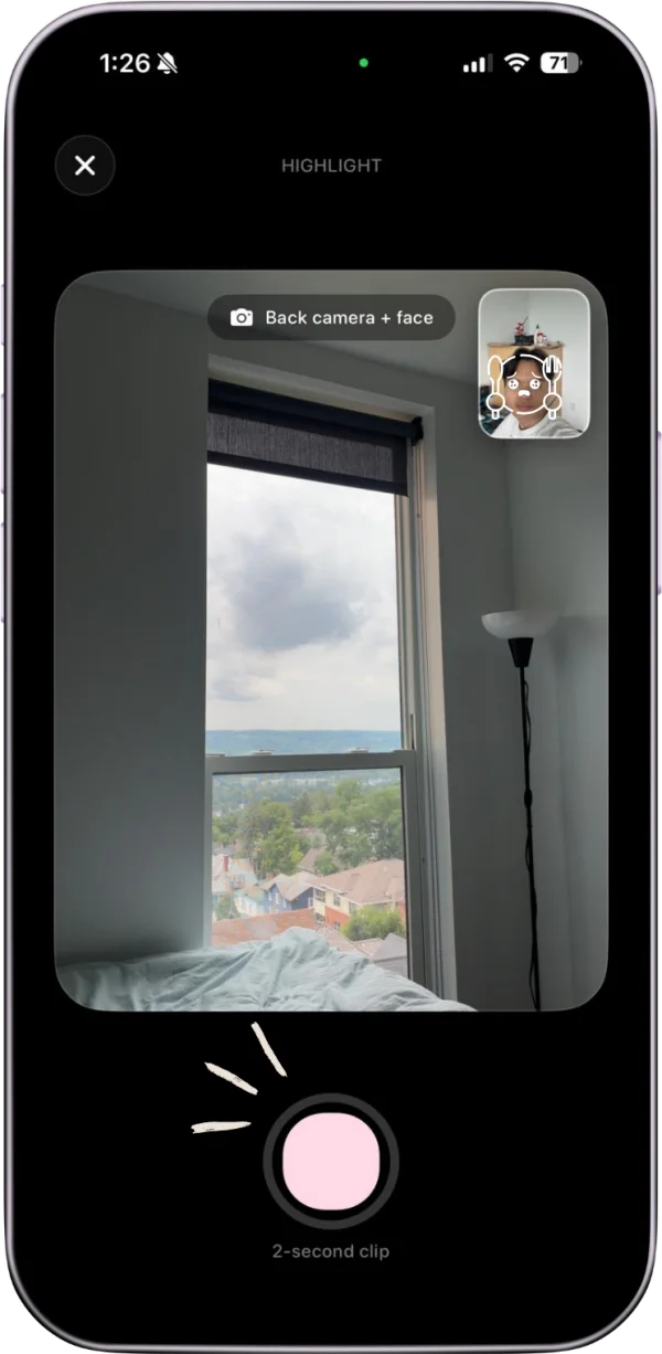 Record both cameras in a two-second doublechin video diary clip